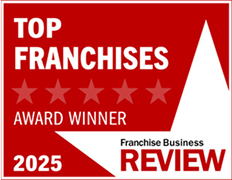 red image with white stars saying "Top Franchises" - "Satisfaction Award"- "2025"- From Franchise Business Review